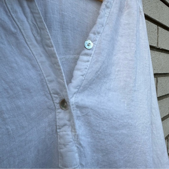 Rosemarine White Linen Roll Tab Sleeve Two Button V-Neck Shirt Blouse - Picture 6 of 11